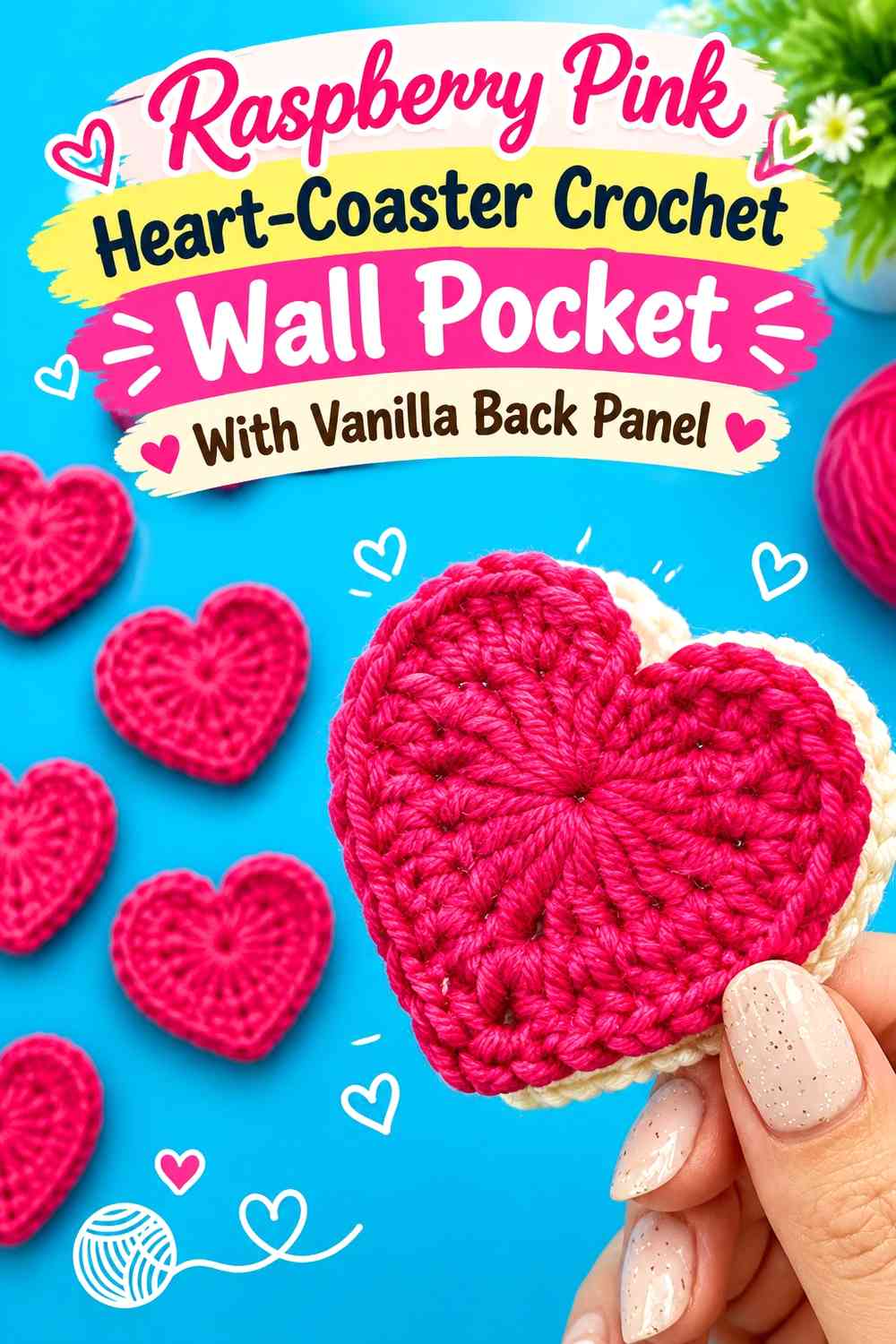 Raspberry Pink Heart-Coaster Crochet Wall Pocket With Vanilla Back Panel