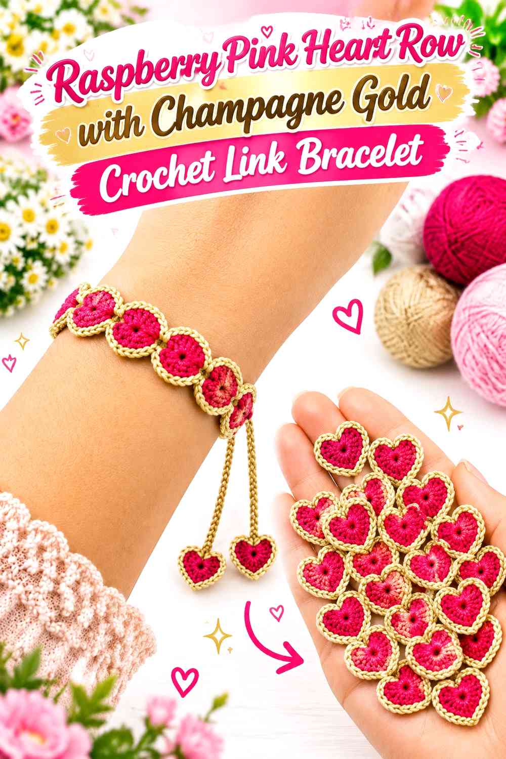 Raspberry Pink Heart Row with Champagne Gold Crochet Link Bracelet