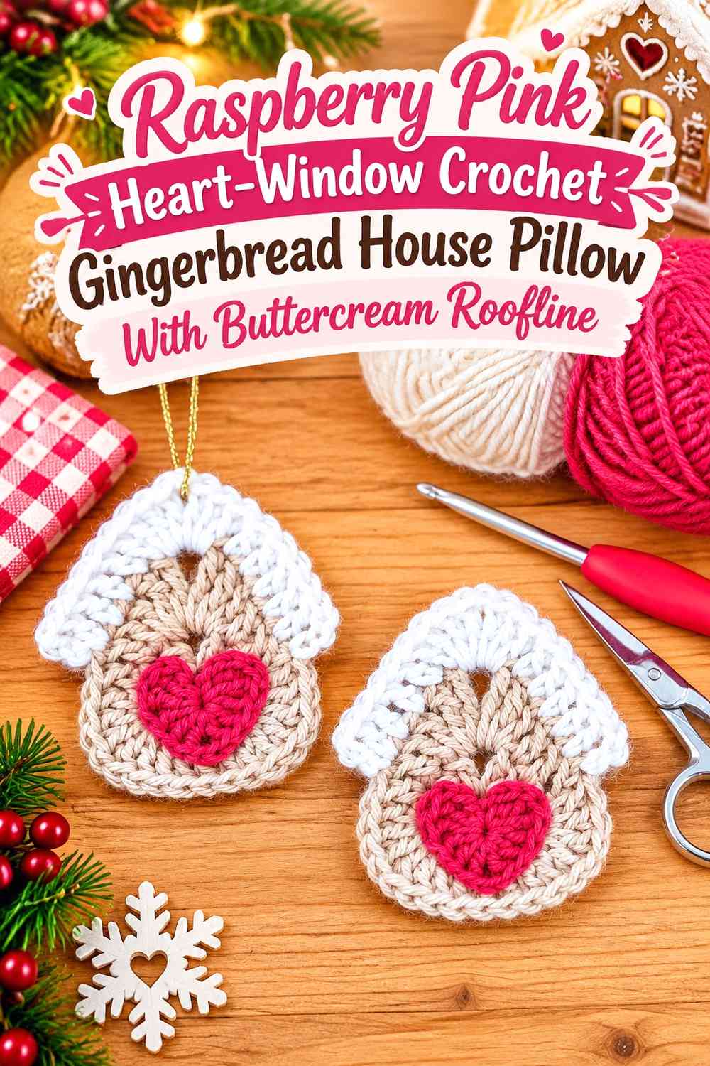 Raspberry Pink Heart-Window Crochet Gingerbread House Pillow With Buttercream Roofline