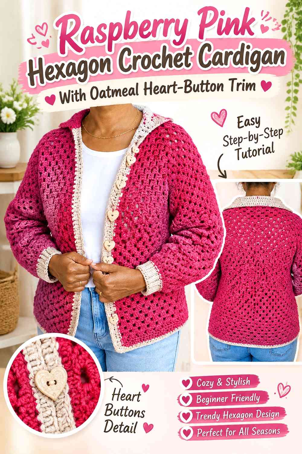 Raspberry Pink Hexagon Crochet Cardigan With Oatmeal Heart-Button Trim