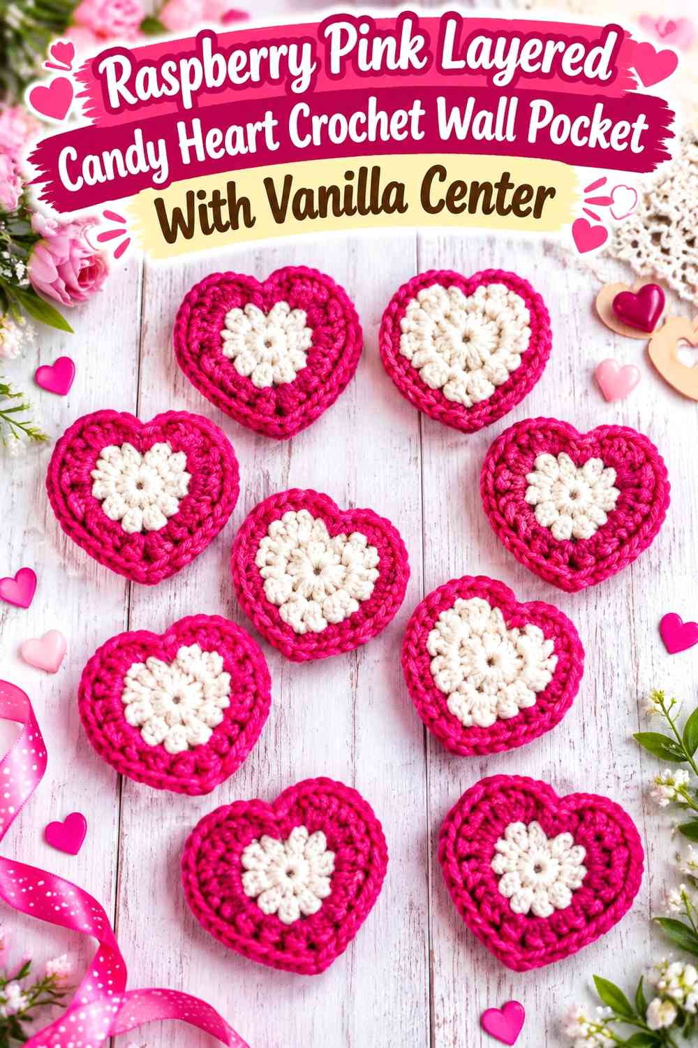 Raspberry Pink Layered Candy Heart Crochet Wall Pocket With Vanilla Center