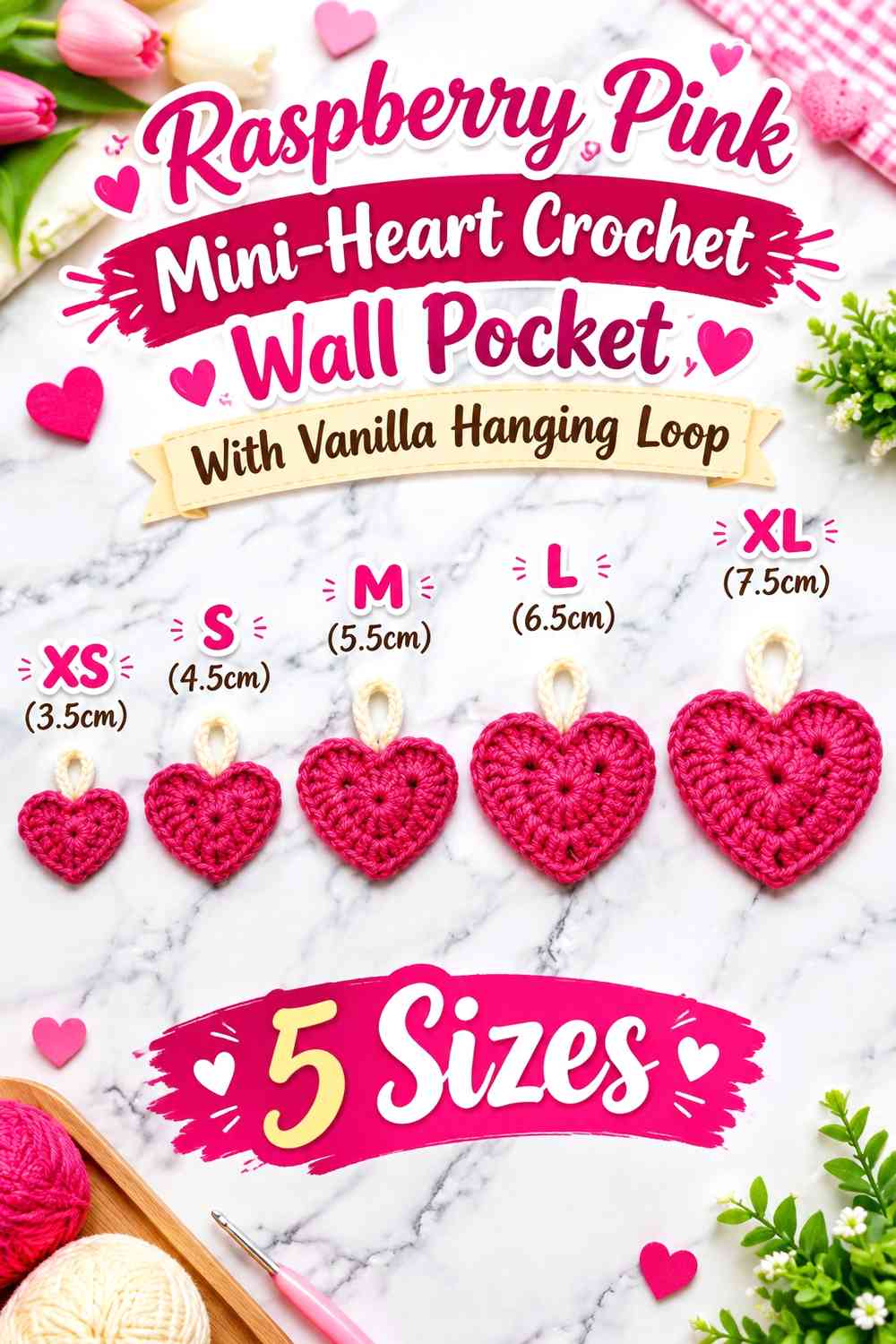 Raspberry Pink Mini-Heart Crochet Wall Pocket With Vanilla Hanging Loop