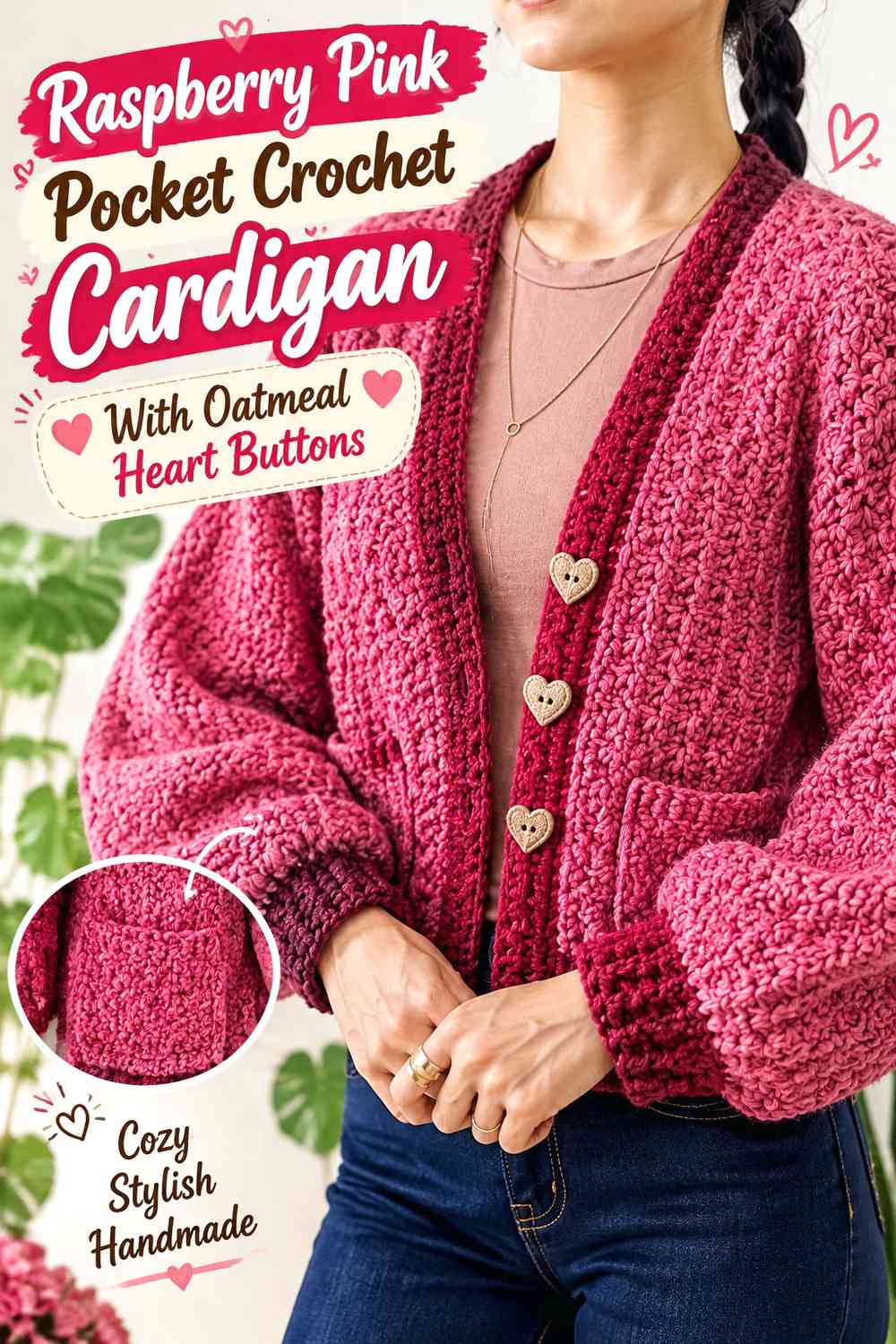 Raspberry Pink Pocket Crochet Cardigan With Oatmeal Heart Buttons
