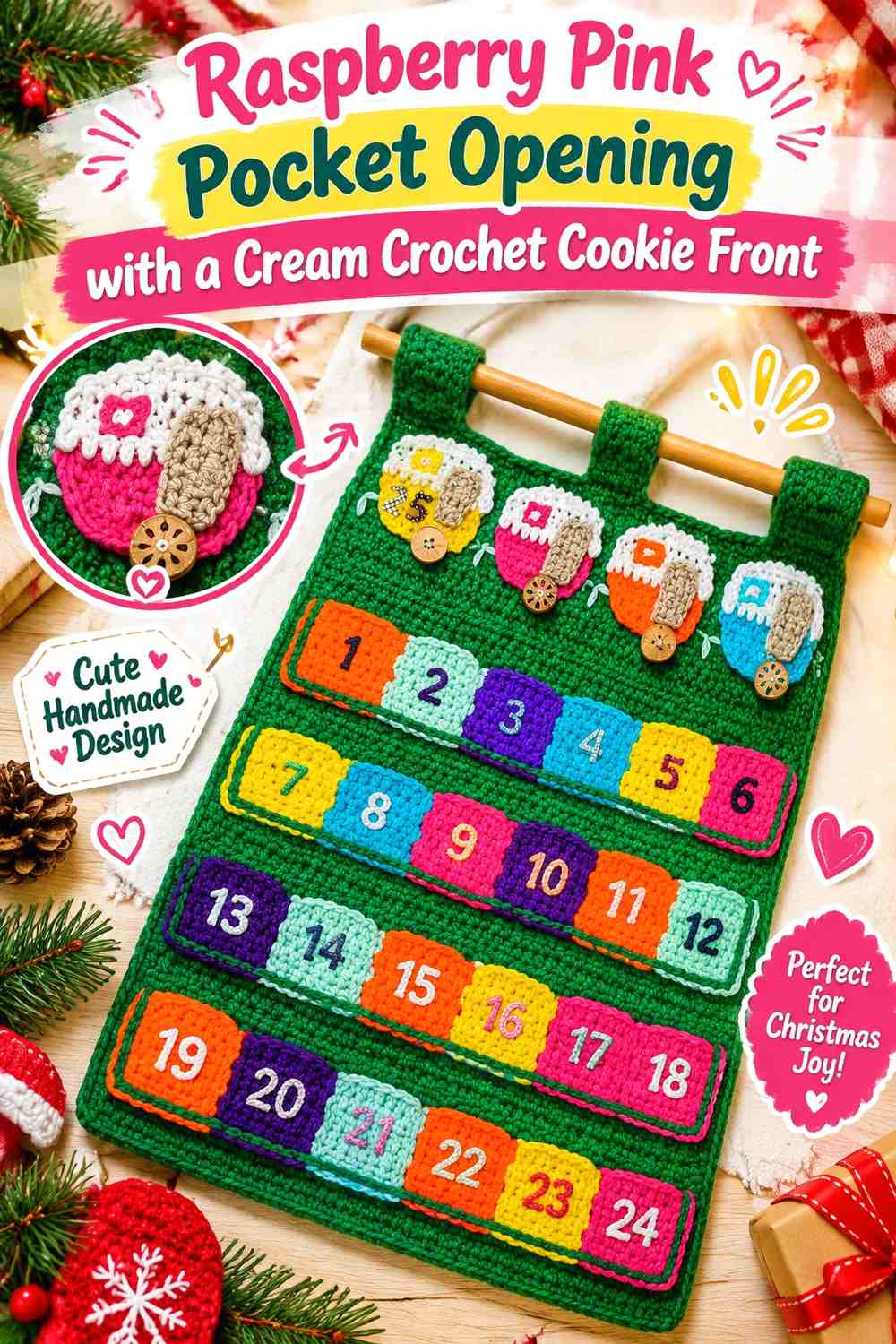 Raspberry Pink Pocket Opening with a Cream Crochet Cookie Front