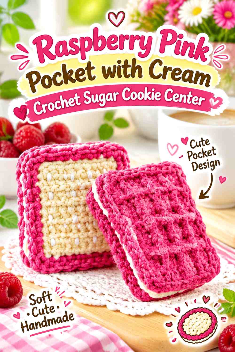 Raspberry Pink Pocket with Cream Crochet Sugar Cookie Center