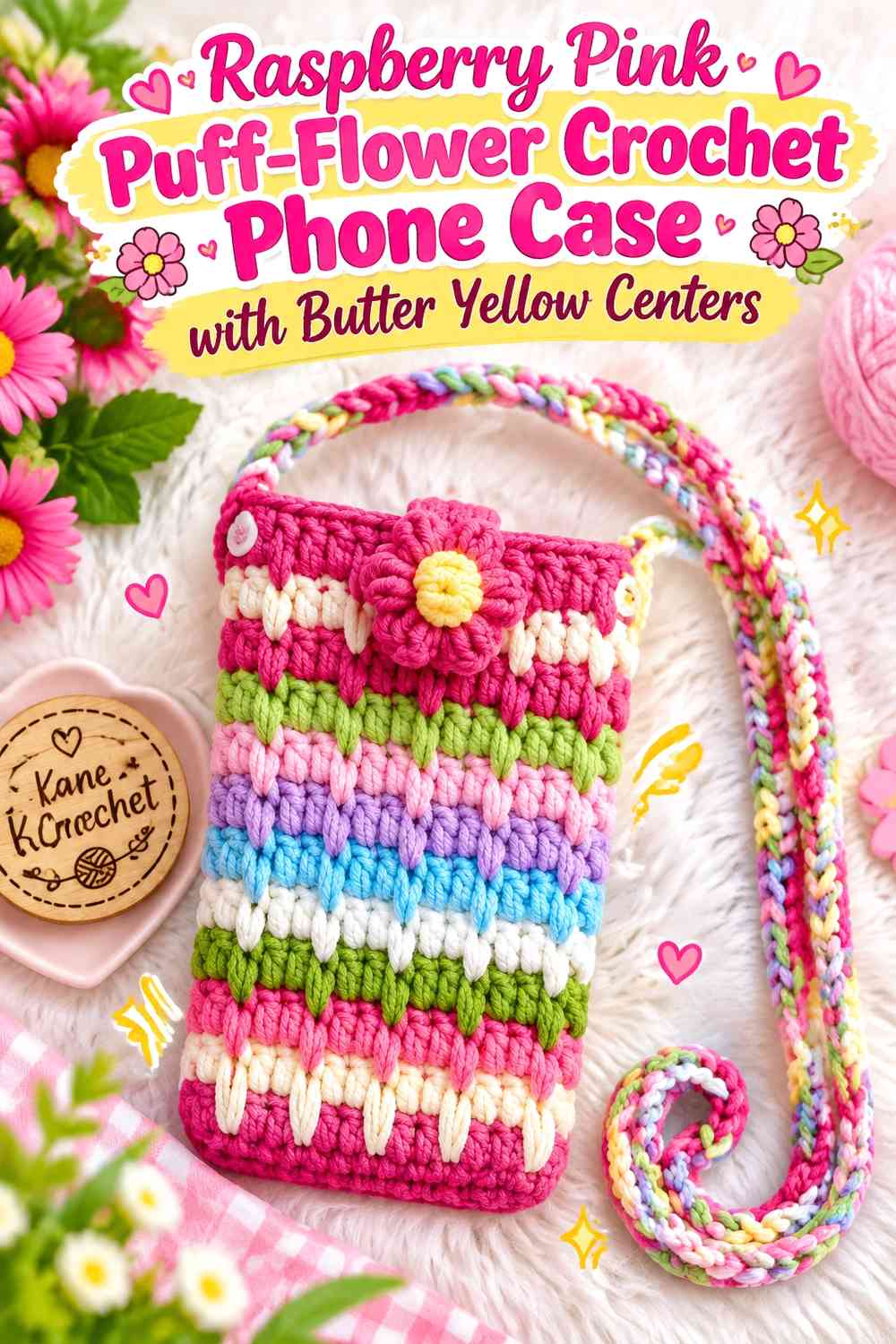 Raspberry Pink Puff-Flower Crochet Phone Case with Butter Yellow Centers