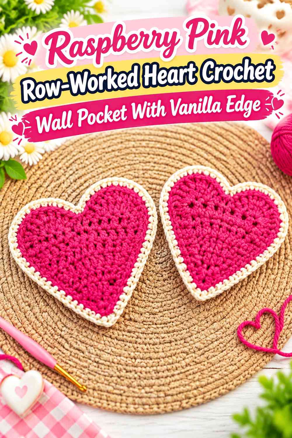 Raspberry Pink Row-Worked Heart Crochet Wall Pocket With Vanilla Edge