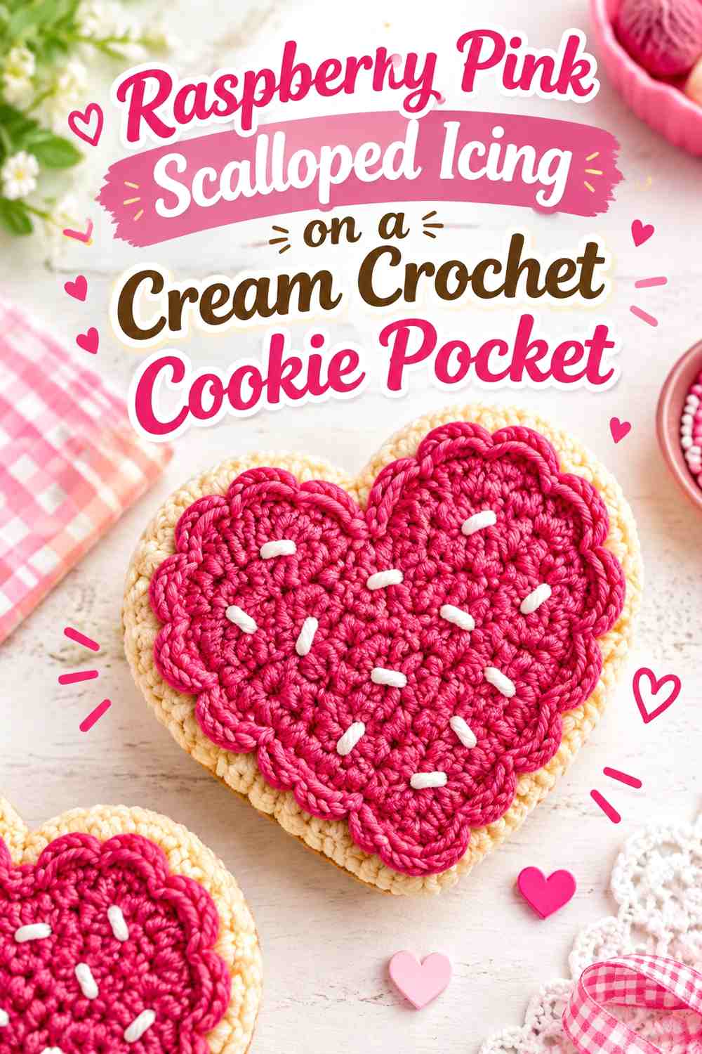 Raspberry Pink Scalloped Icing on a Cream Crochet Cookie Pocket