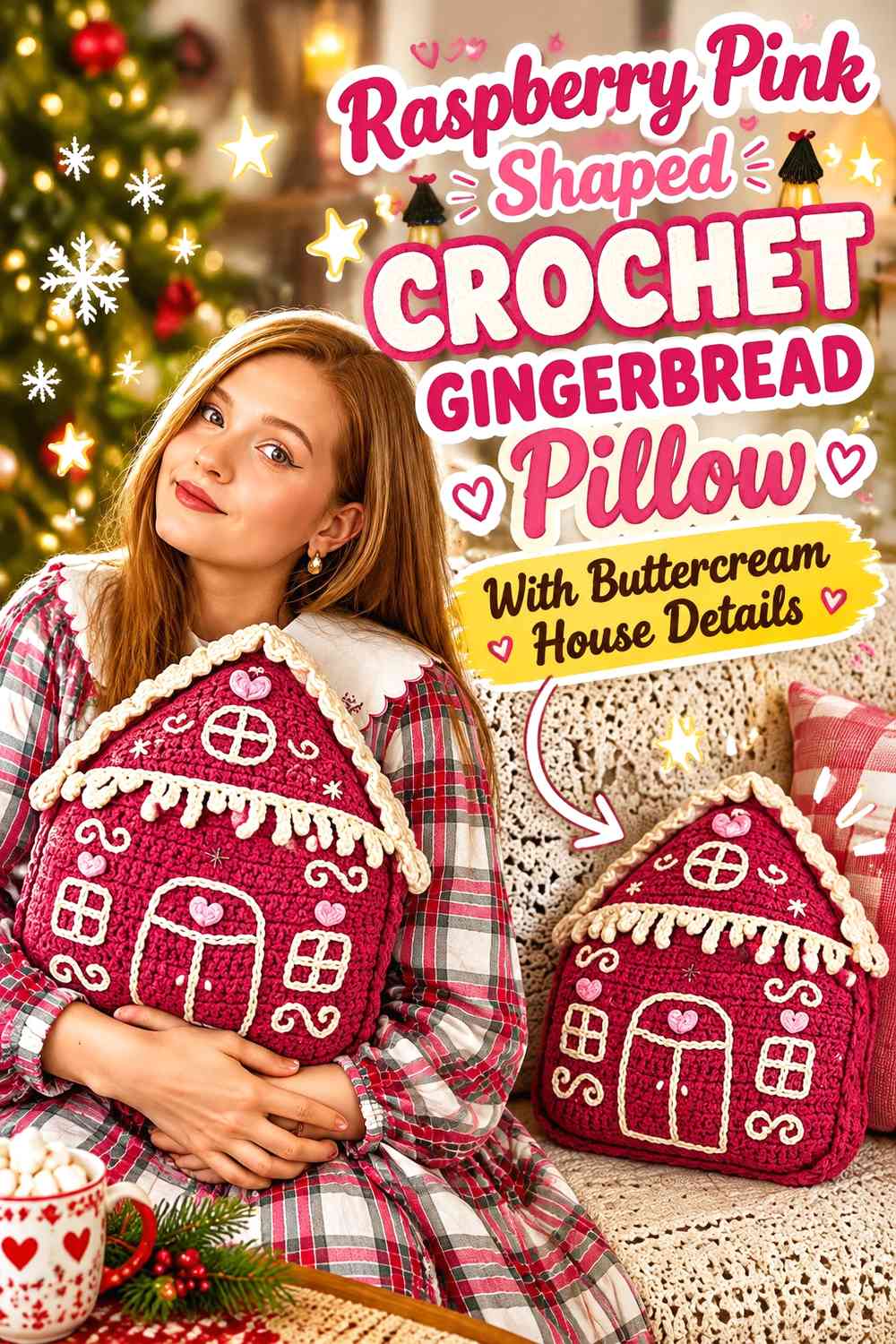 Raspberry Pink Shaped Crochet Gingerbread Pillow With Buttercream House Details