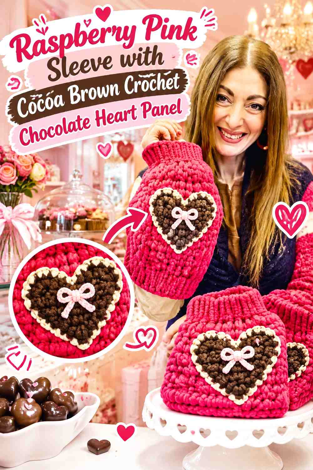 Raspberry Pink Sleeve with Cocoa Brown Crochet Chocolate Heart Panel