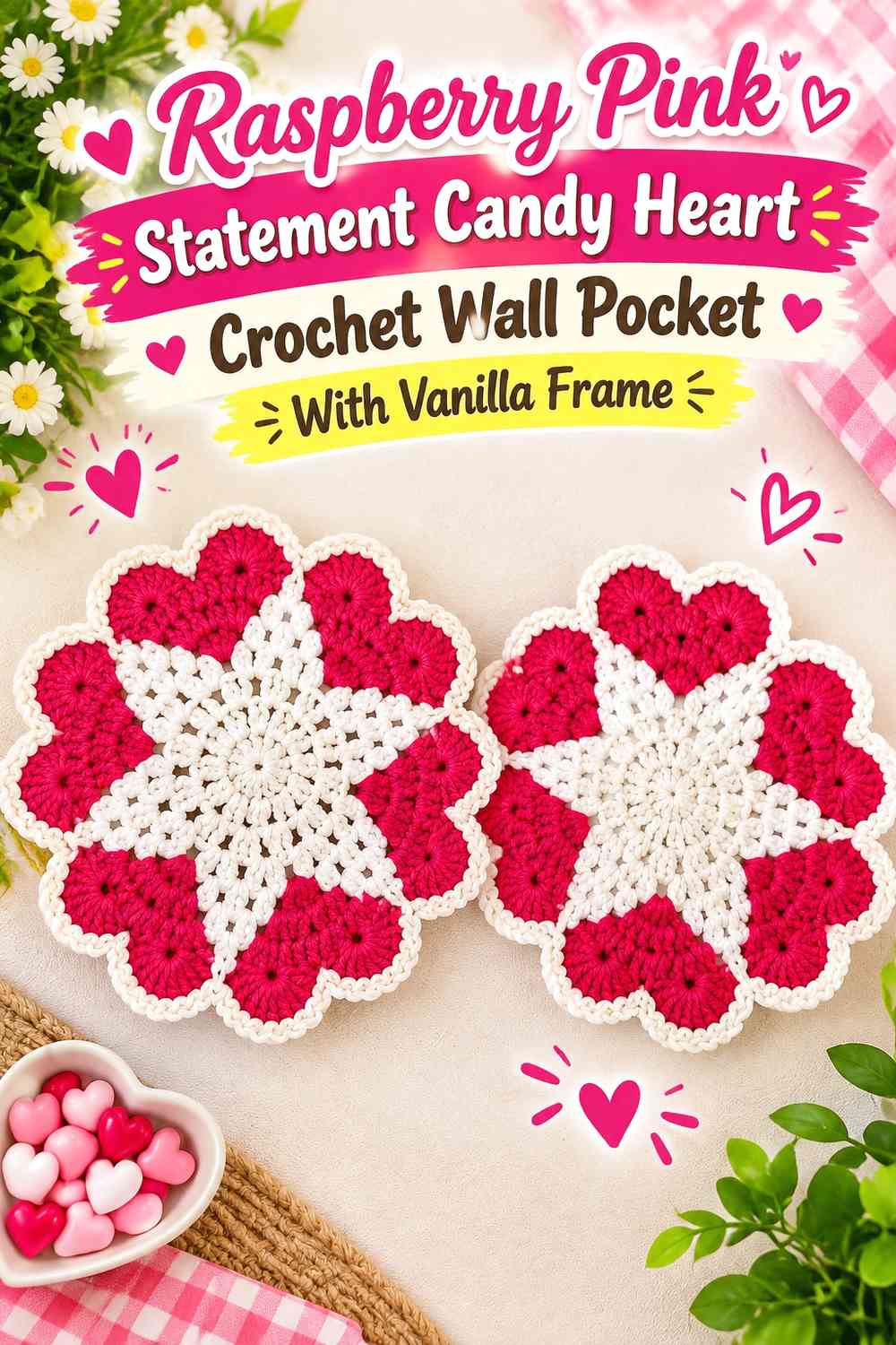 Raspberry Pink Statement Candy Heart Crochet Wall Pocket With Vanilla Frame