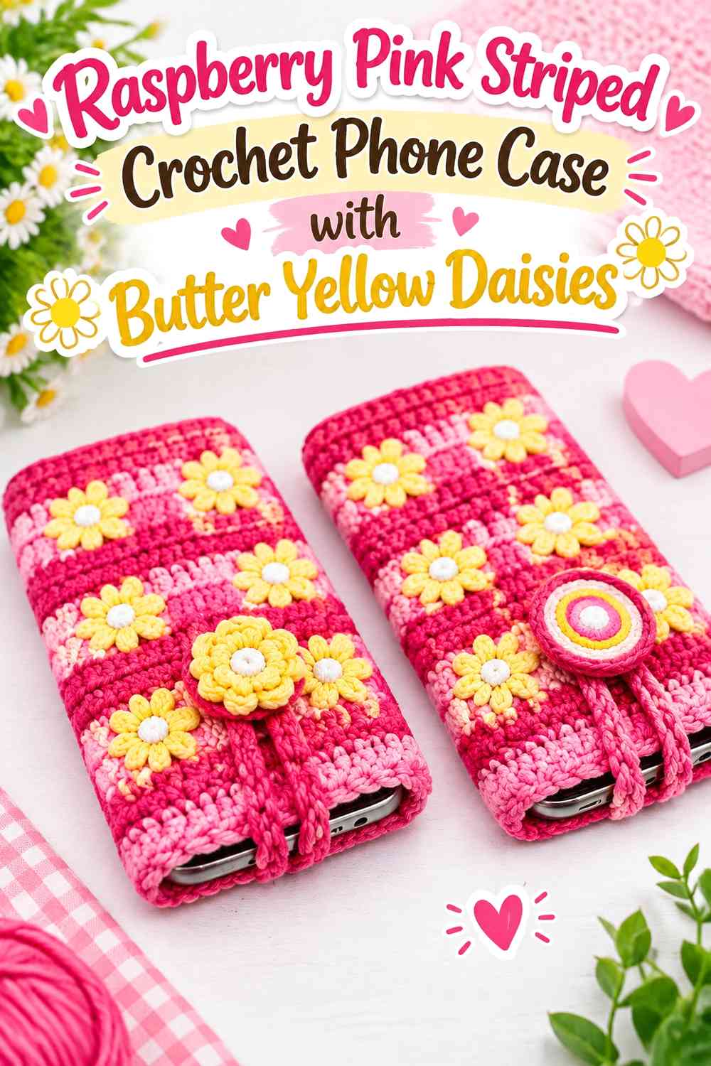 Raspberry Pink Striped Crochet Phone Case with Butter Yellow Daisies