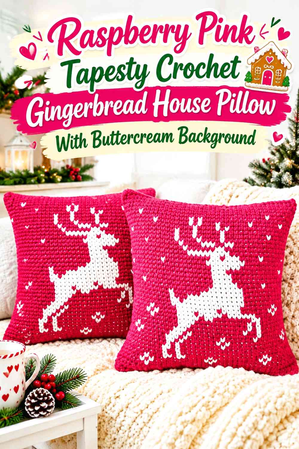 Raspberry Pink Tapestry Crochet Gingerbread House Pillow With Buttercream Background