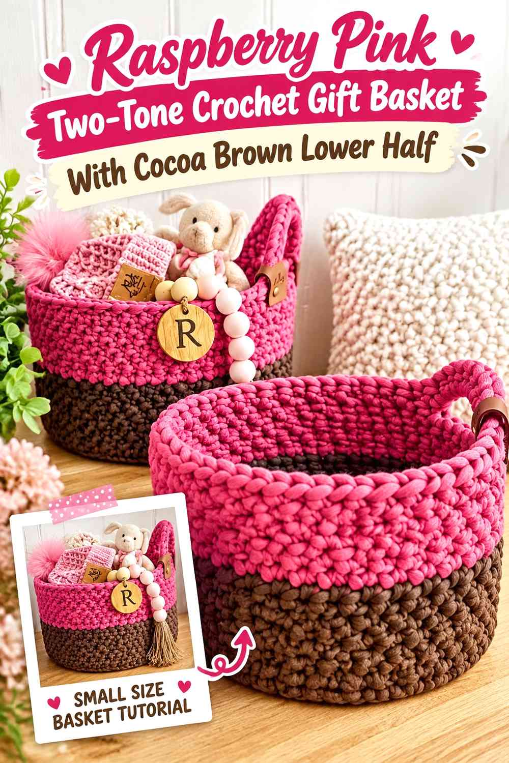 Raspberry Pink Two-Tone Crochet Gift Basket With Cocoa Brown Lower Half