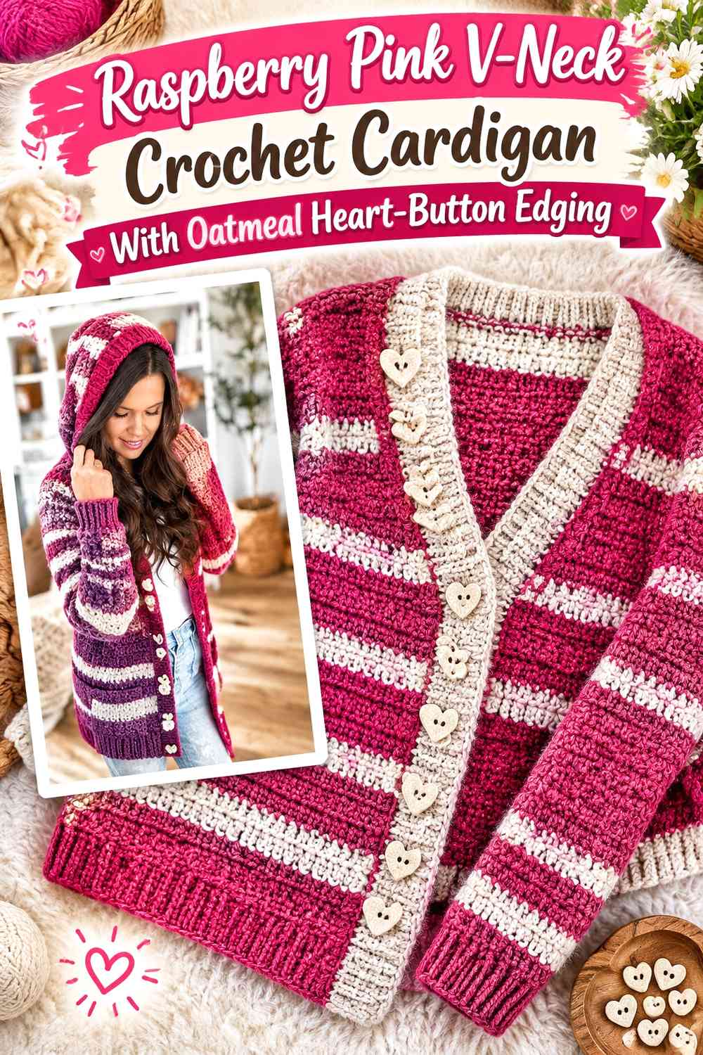 Raspberry Pink V-Neck Crochet Cardigan With Oatmeal Heart-Button Edging