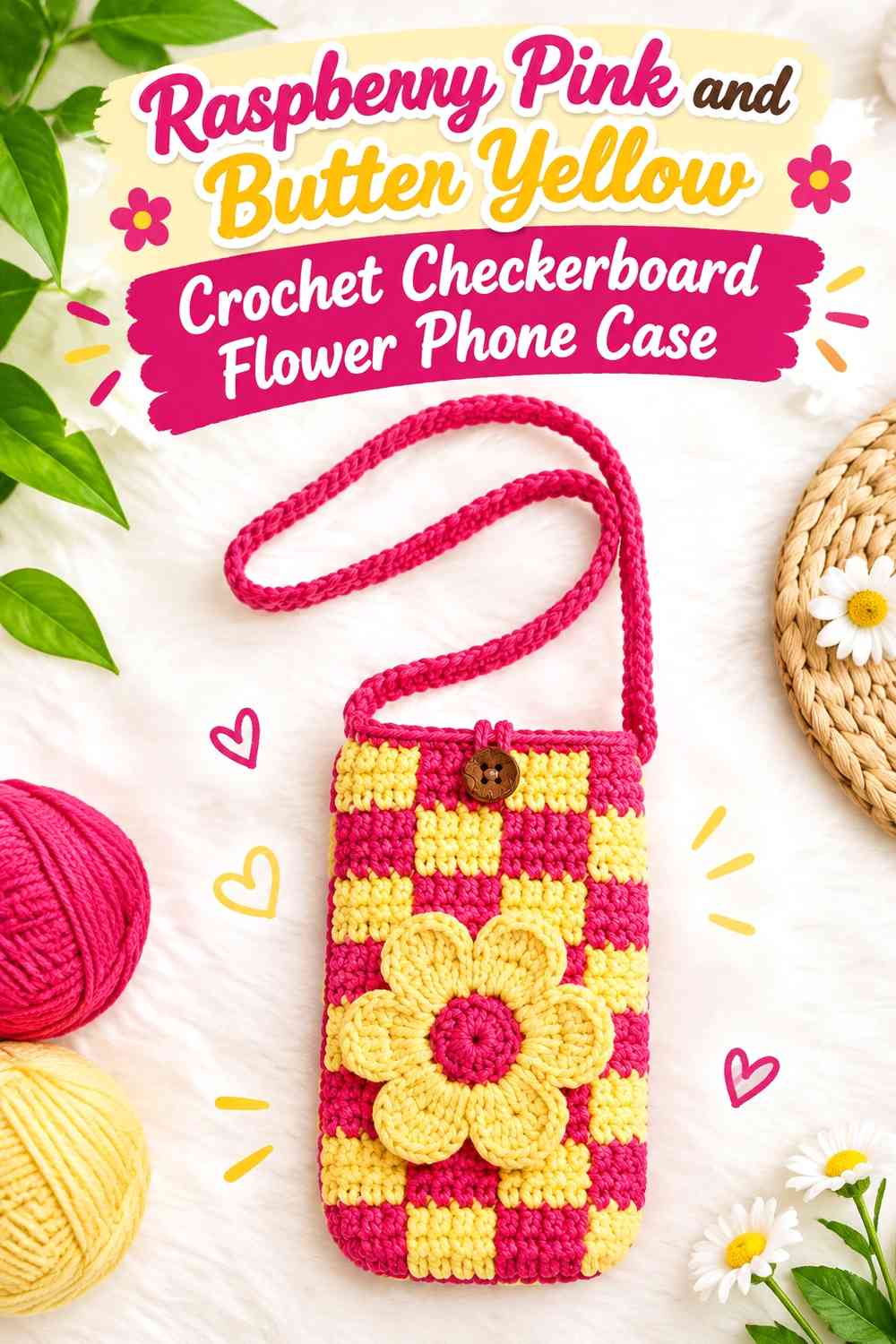 Raspberry Pink and Butter Yellow Crochet Checkerboard Flower Phone Case