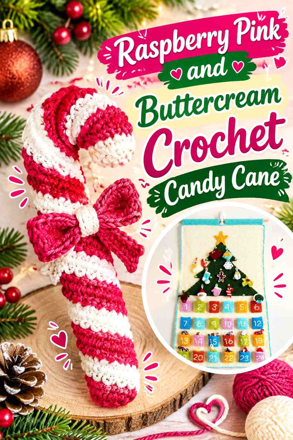 Raspberry Pink and Buttercream Crochet Candy Cane