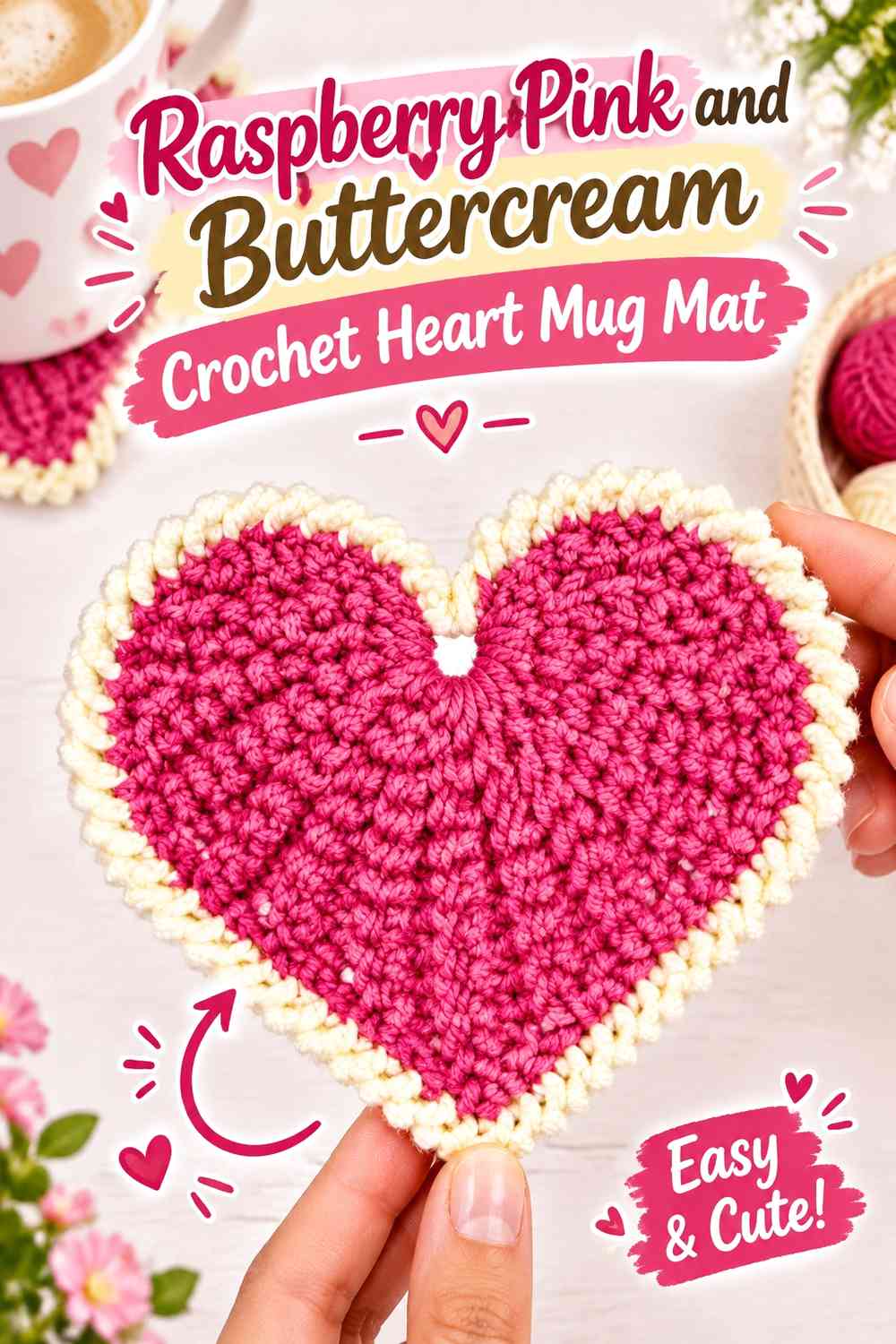 Raspberry Pink and Buttercream Crochet Heart Mug Mat
