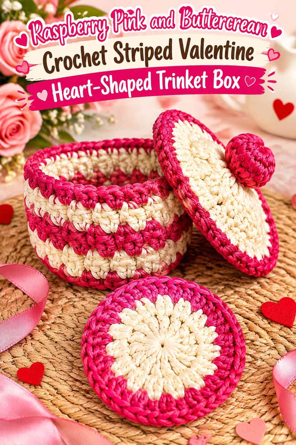 Raspberry Pink and Buttercream Crochet Striped Valentine Heart-Shaped Trinket Box