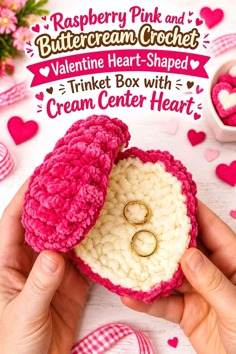 Raspberry Pink and Buttercream Crochet Valentine Heart-Shaped Trinket Box with Cream Center Heart