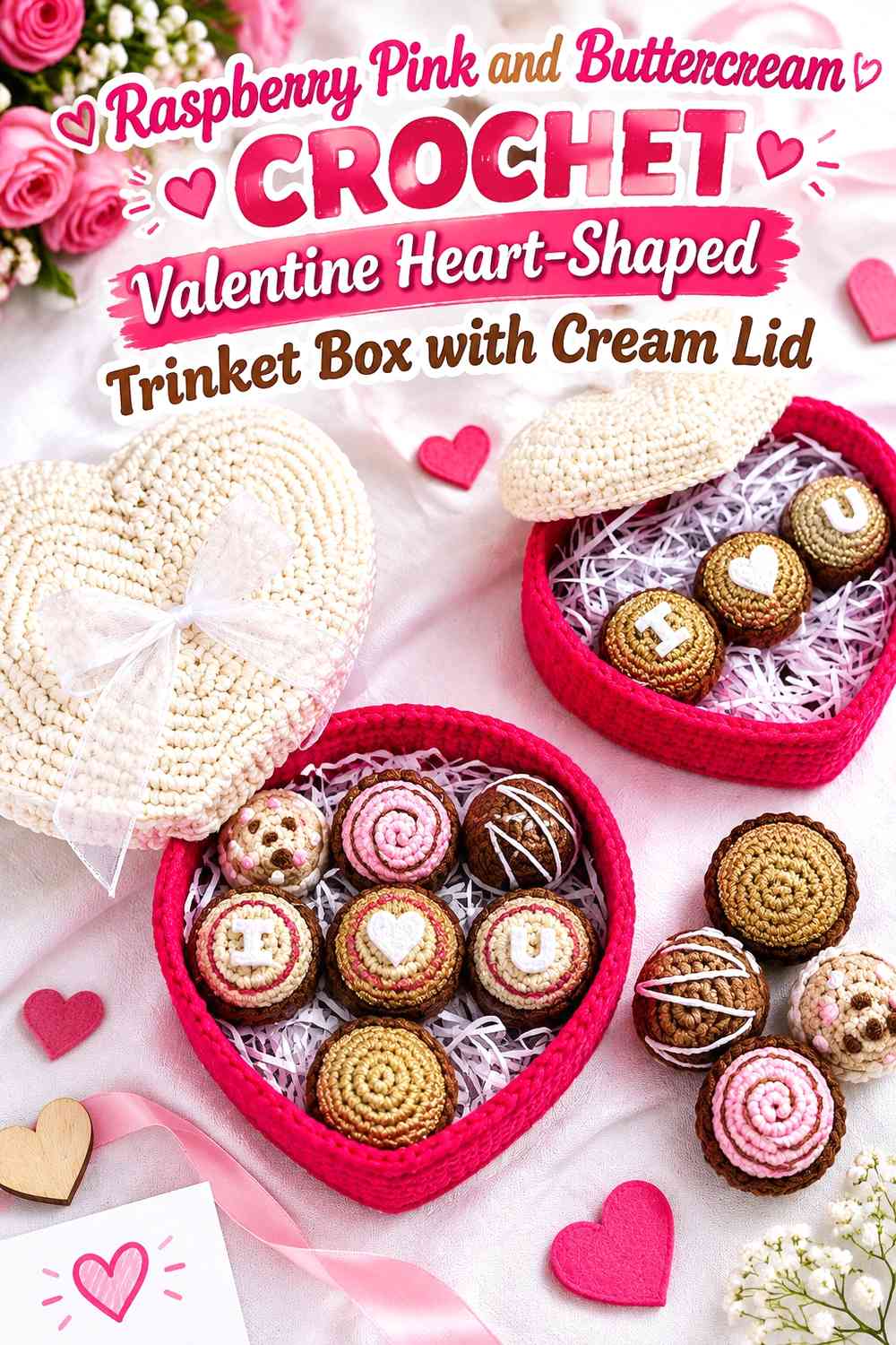 Raspberry Pink and Buttercream Crochet Valentine Heart-Shaped Trinket Box with Cream Lid