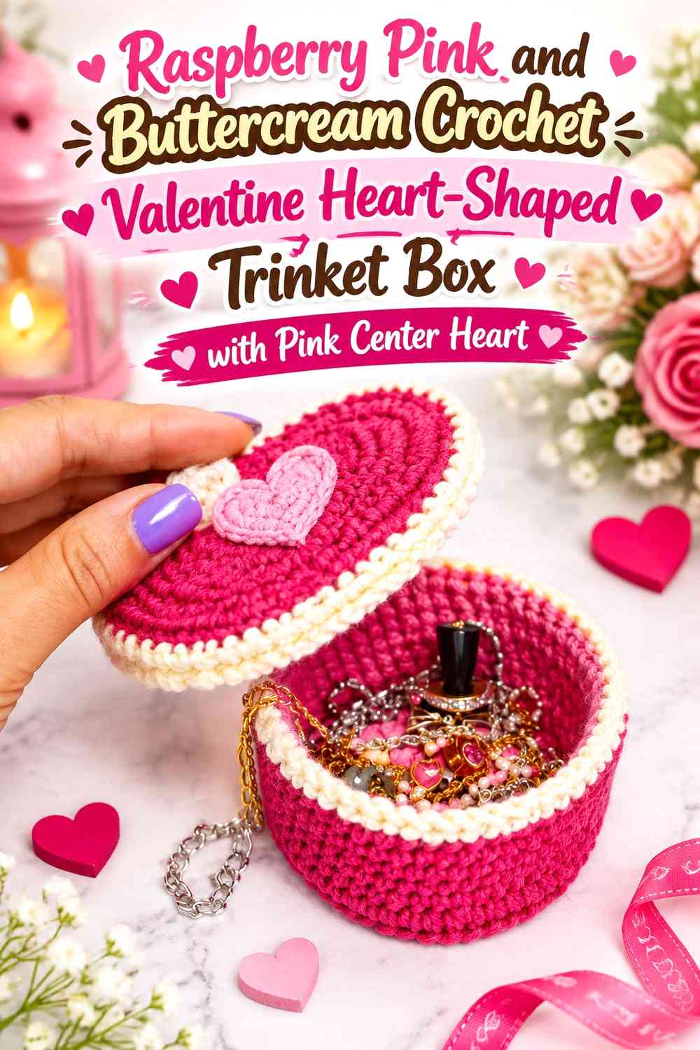 Raspberry Pink and Buttercream Crochet Valentine Heart-Shaped Trinket Box with Pink Center Heart