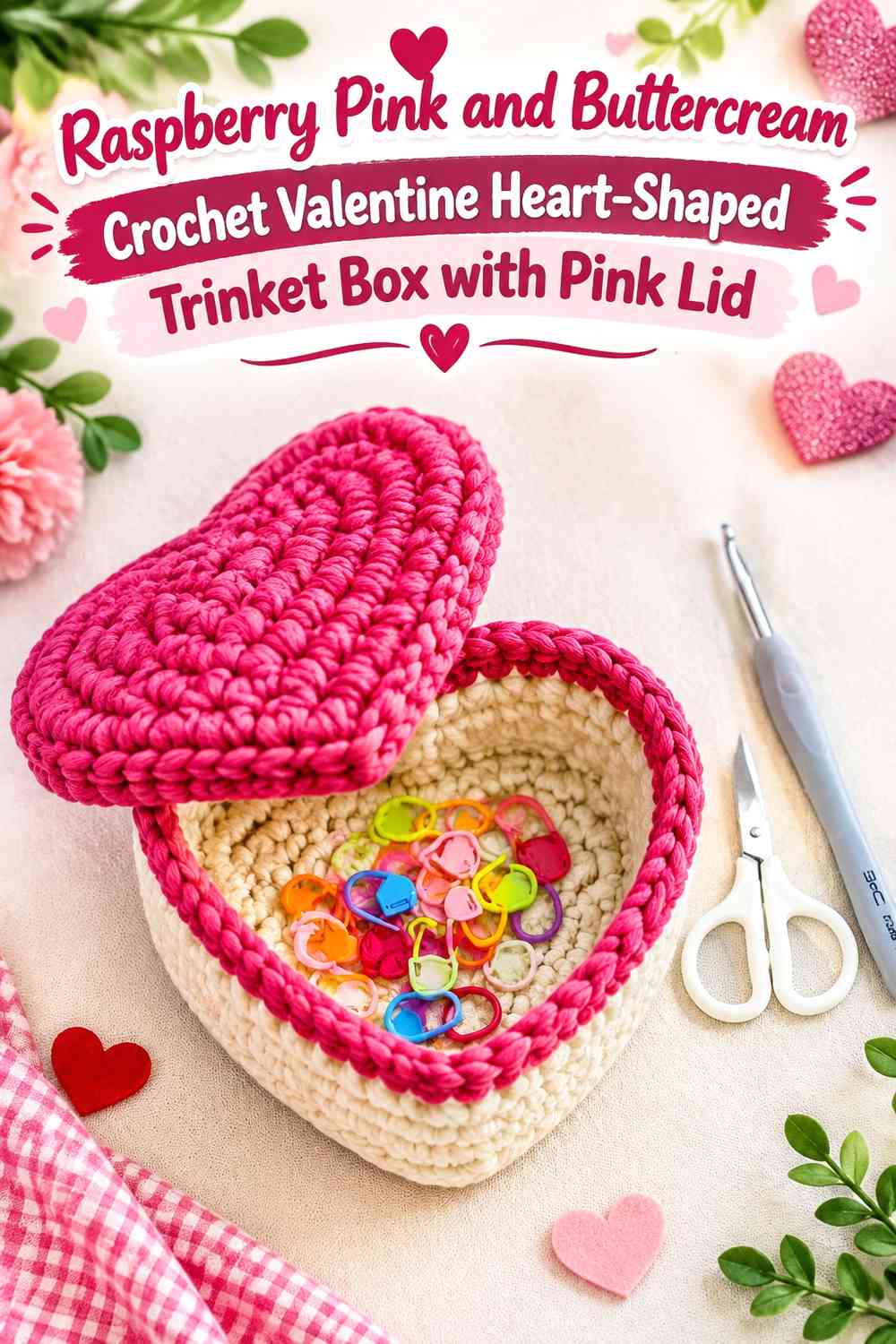 Raspberry Pink and Buttercream Crochet Valentine Heart-Shaped Trinket Box with Pink Lid