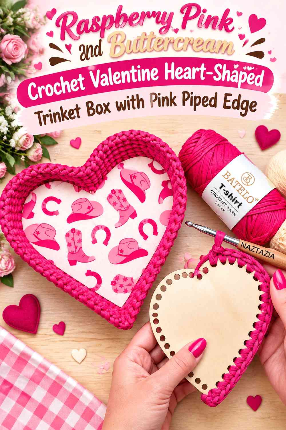Raspberry Pink and Buttercream Crochet Valentine Heart-Shaped Trinket Box with Pink Piped Edge