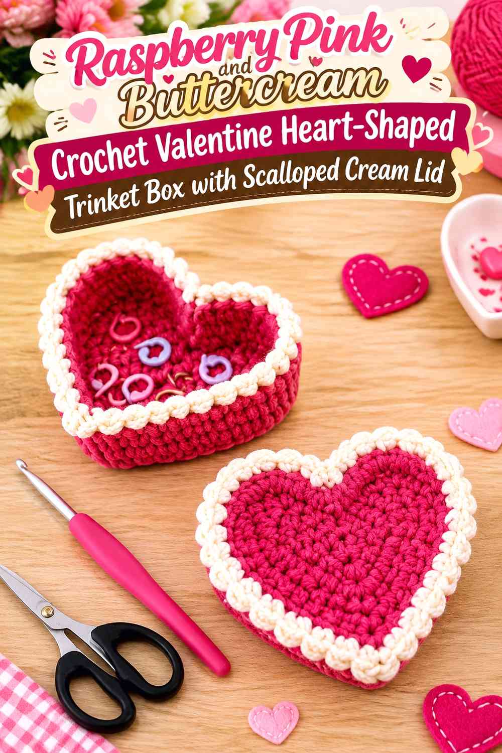 Raspberry Pink and Buttercream Crochet Valentine Heart-Shaped Trinket Box with Scalloped Cream Lid