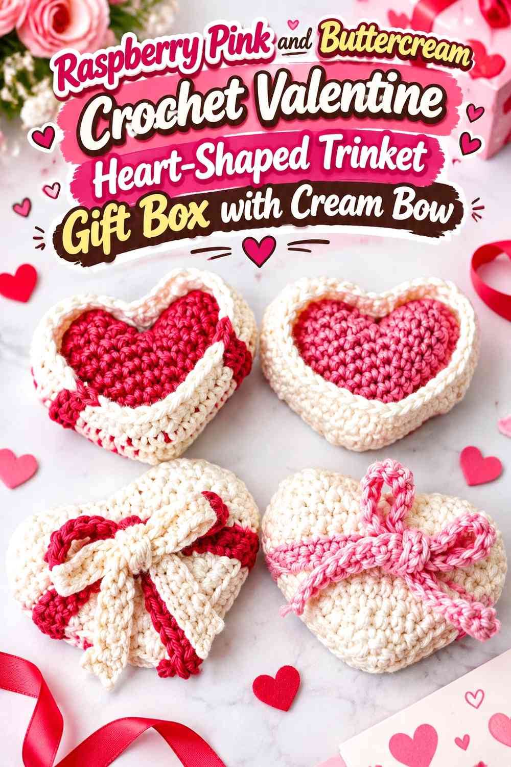 Raspberry Pink and Buttercream Crochet Valentine Heart-Shaped Trinket Gift Box with Cream Bow