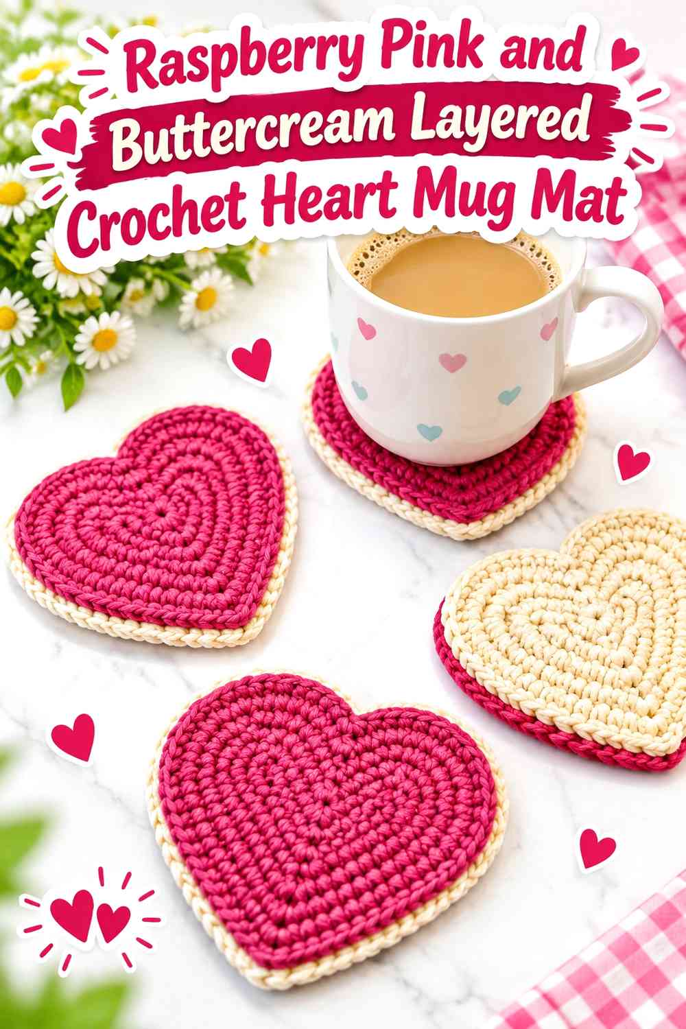 Raspberry Pink and Buttercream Layered Crochet Heart Mug Mat