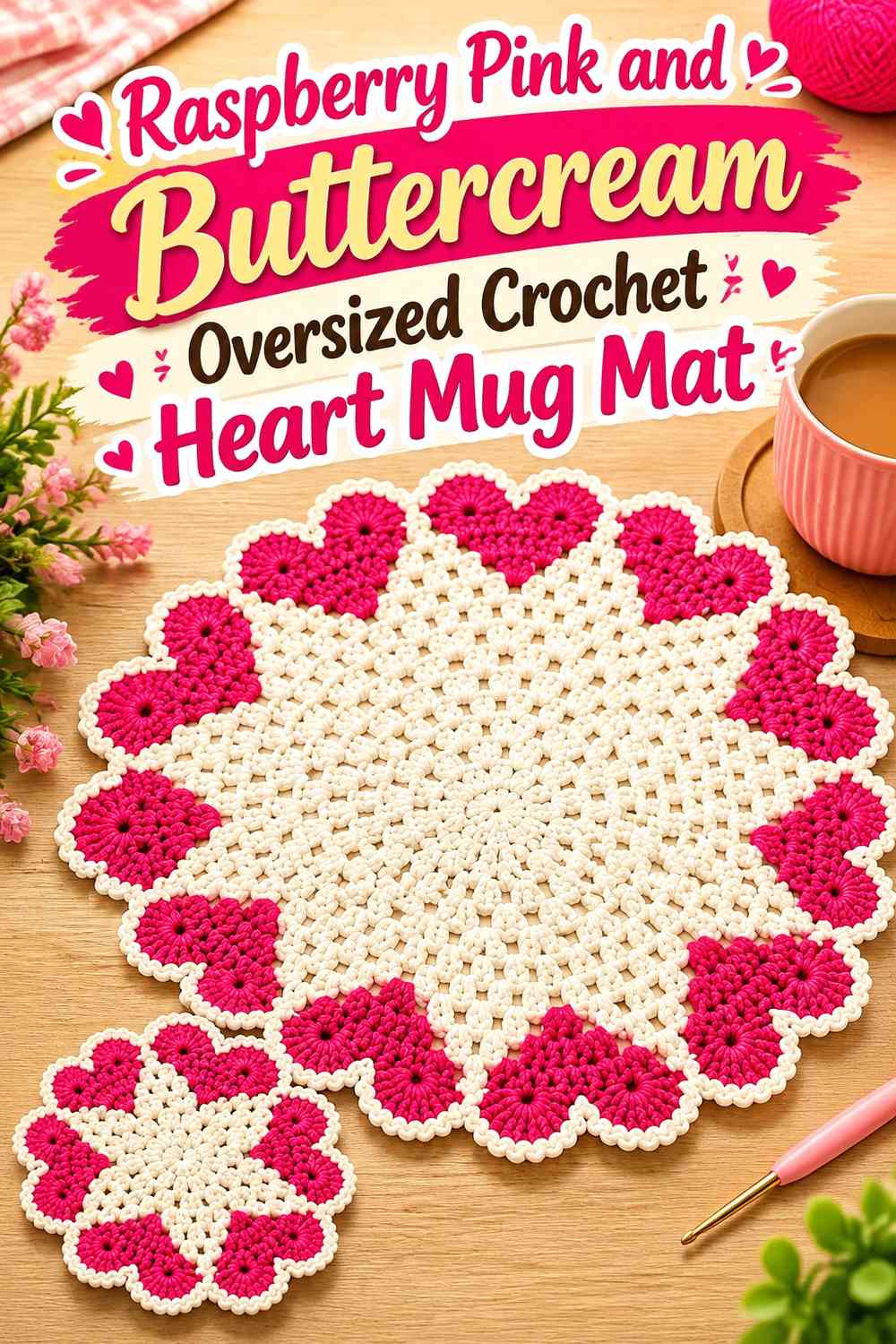 Raspberry Pink and Buttercream Oversized Crochet Heart Mug Mat