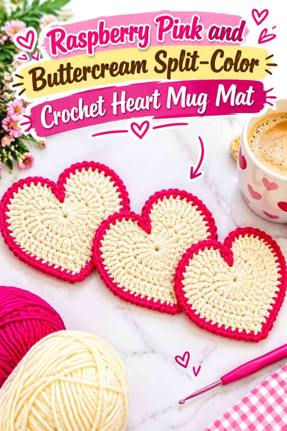Raspberry Pink and Buttercream Split-Color Crochet Heart Mug Mat