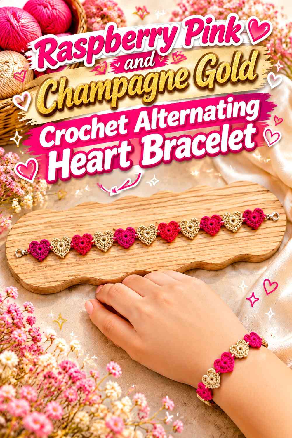 Raspberry Pink and Champagne Gold Crochet Alternating Heart Bracelet