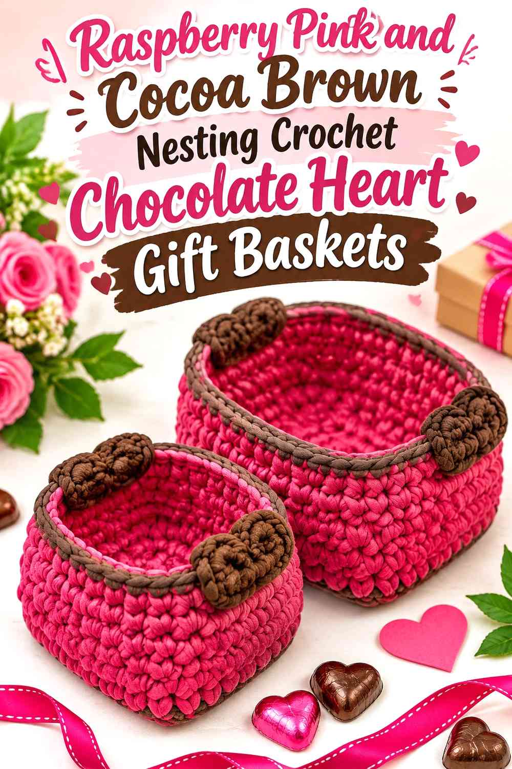 Raspberry Pink and Cocoa Brown Nesting Crochet Chocolate Heart Gift Baskets