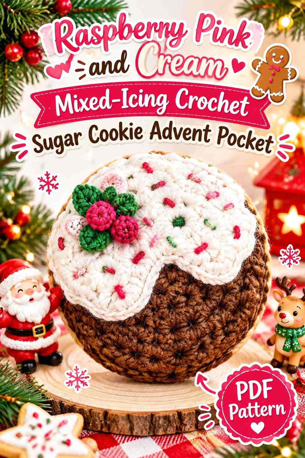 Raspberry Pink and Cream Mixed-Icing Crochet Sugar Cookie Advent Pocket