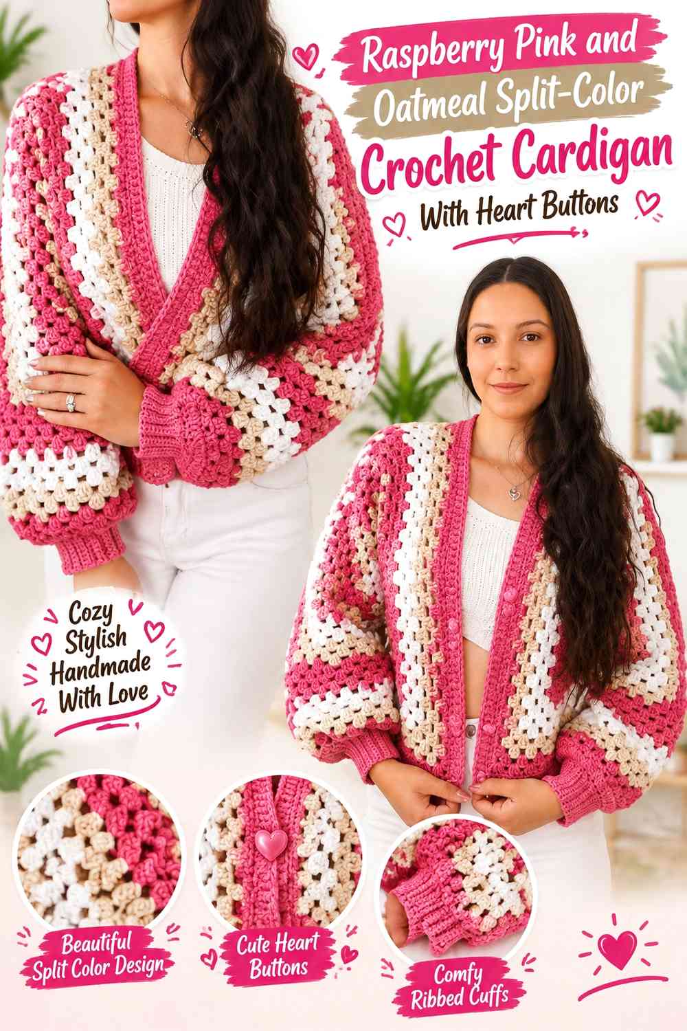 Raspberry Pink and Oatmeal Split-Color Crochet Cardigan With Heart Buttons