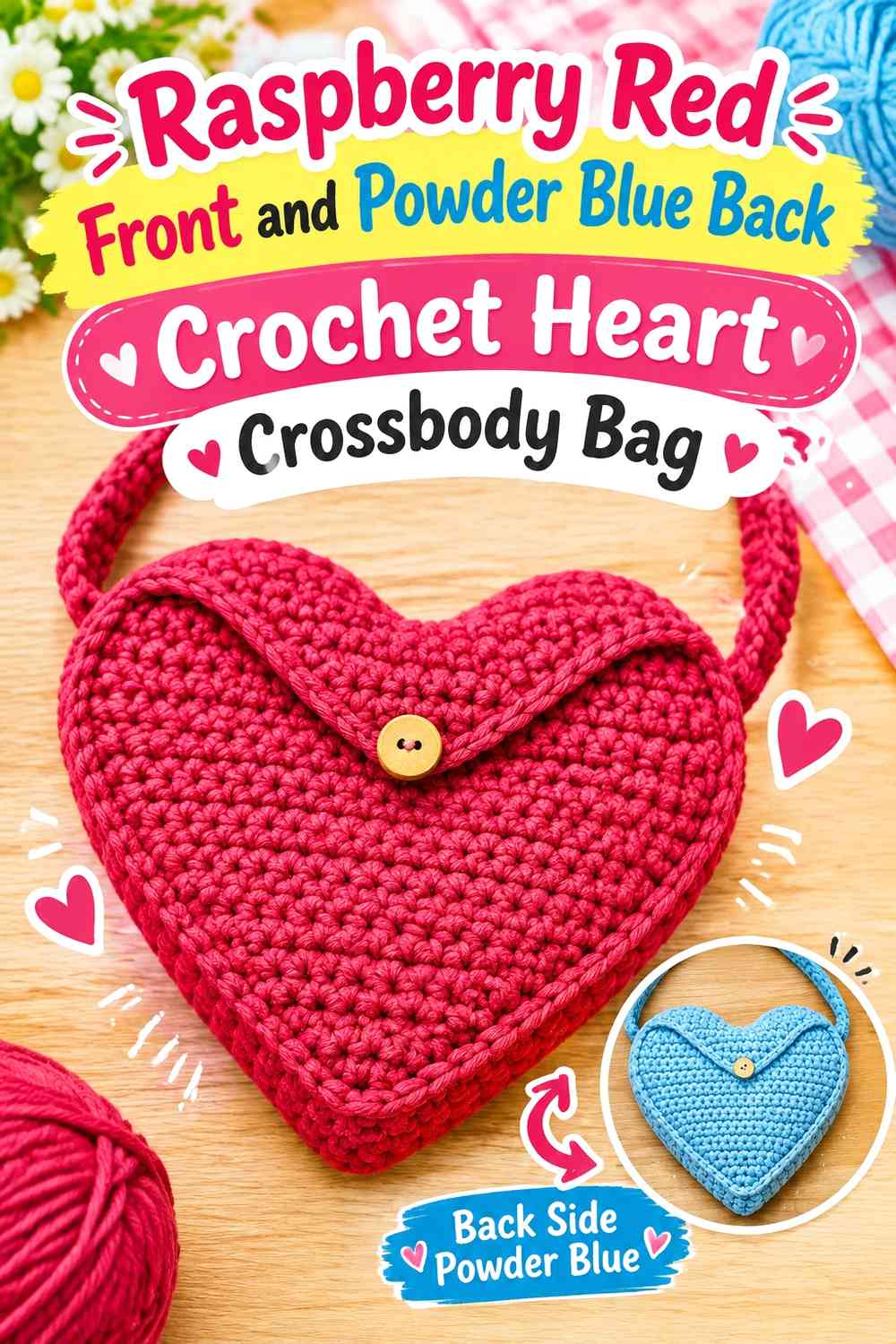 Raspberry Red Front and Powder Blue Back Crochet Heart Crossbody Bag