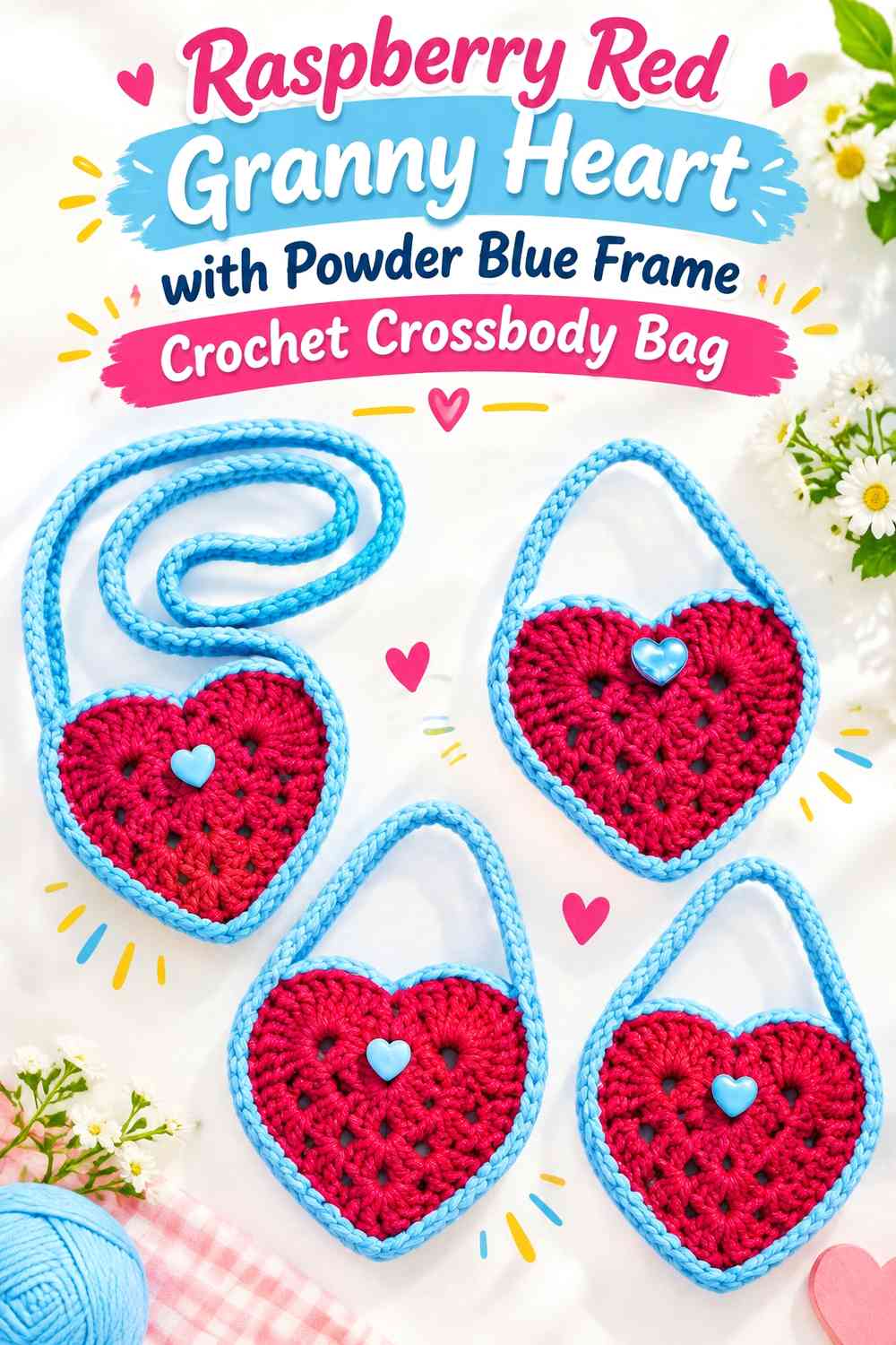 Raspberry Red Granny Heart with Powder Blue Frame Crochet Crossbody Bag