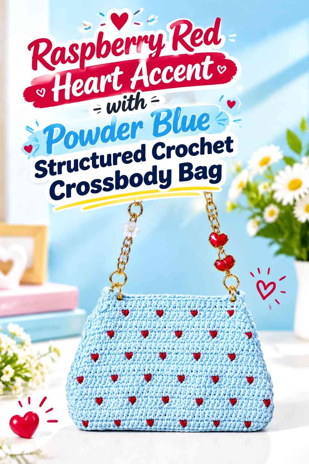 Raspberry Red Heart Accent with Powder Blue Structured Crochet Crossbody Bag