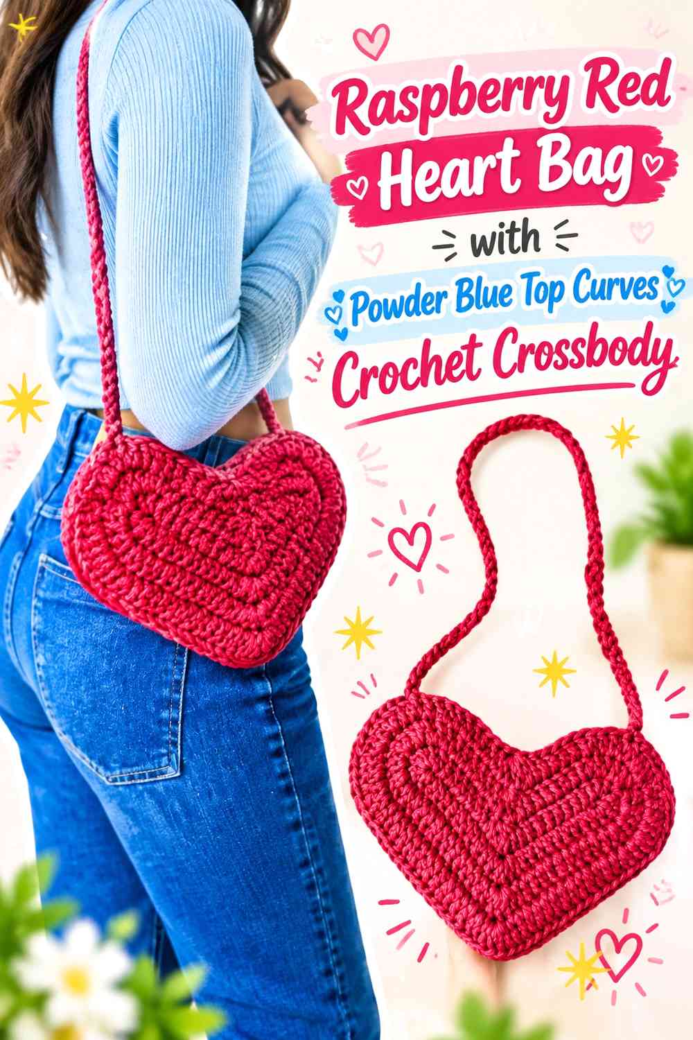 Raspberry Red Heart Bag with Powder Blue Top Curves Crochet Crossbody