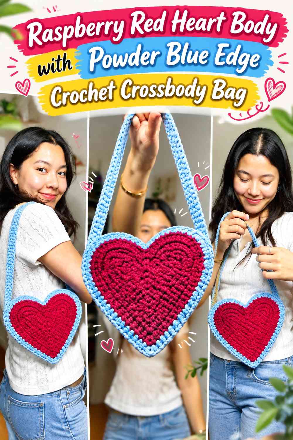Raspberry Red Heart Body with Powder Blue Edge Crochet Crossbody Bag