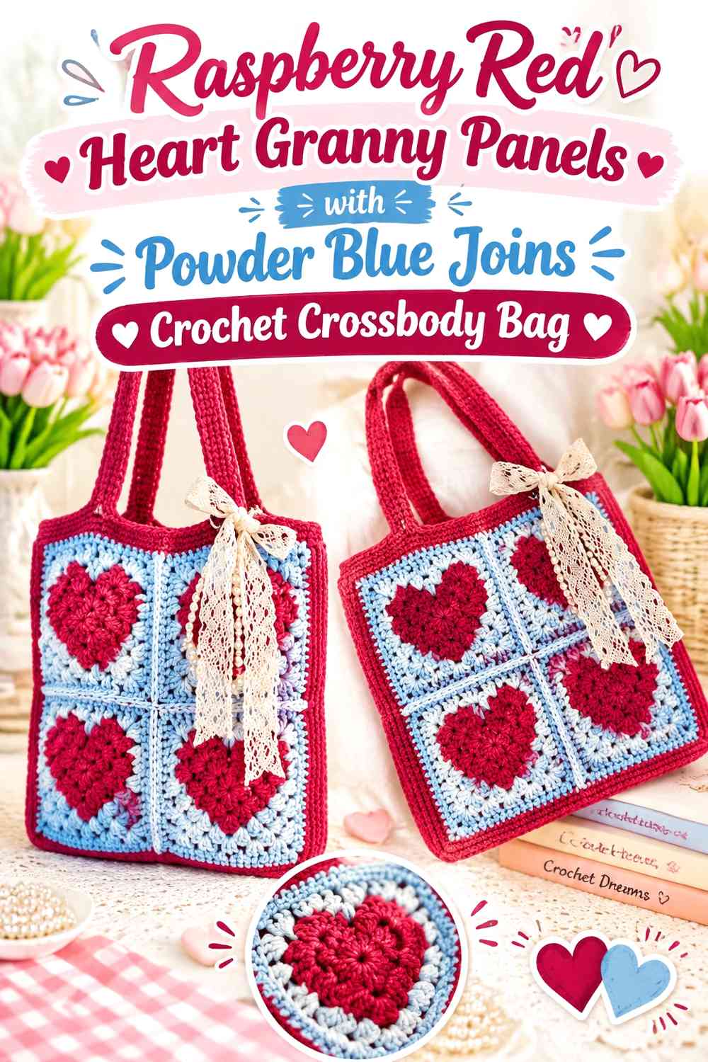 Raspberry Red Heart Granny Panels with Powder Blue Joins Crochet Crossbody Bag