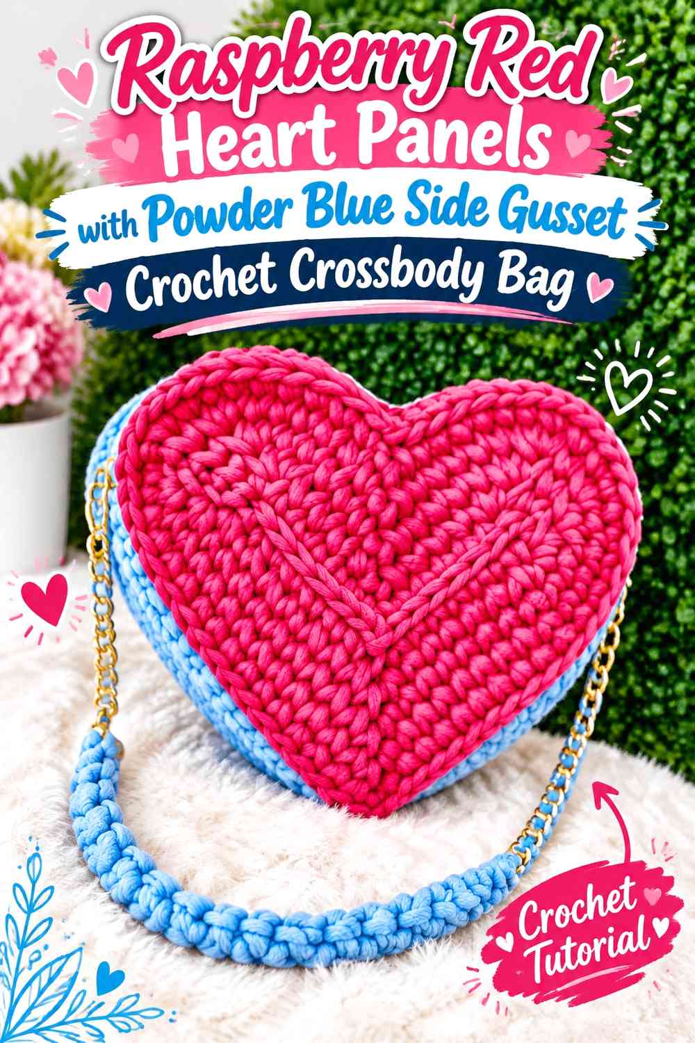 Raspberry Red Heart Panels with Powder Blue Side Gusset Crochet Crossbody Bag