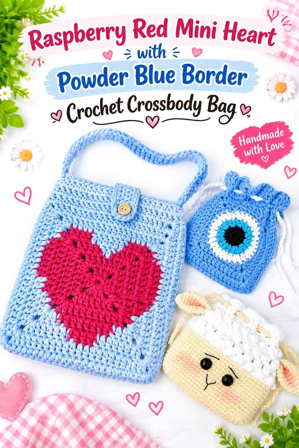 Raspberry Red Mini Heart with Powder Blue Border Crochet Crossbody Bag