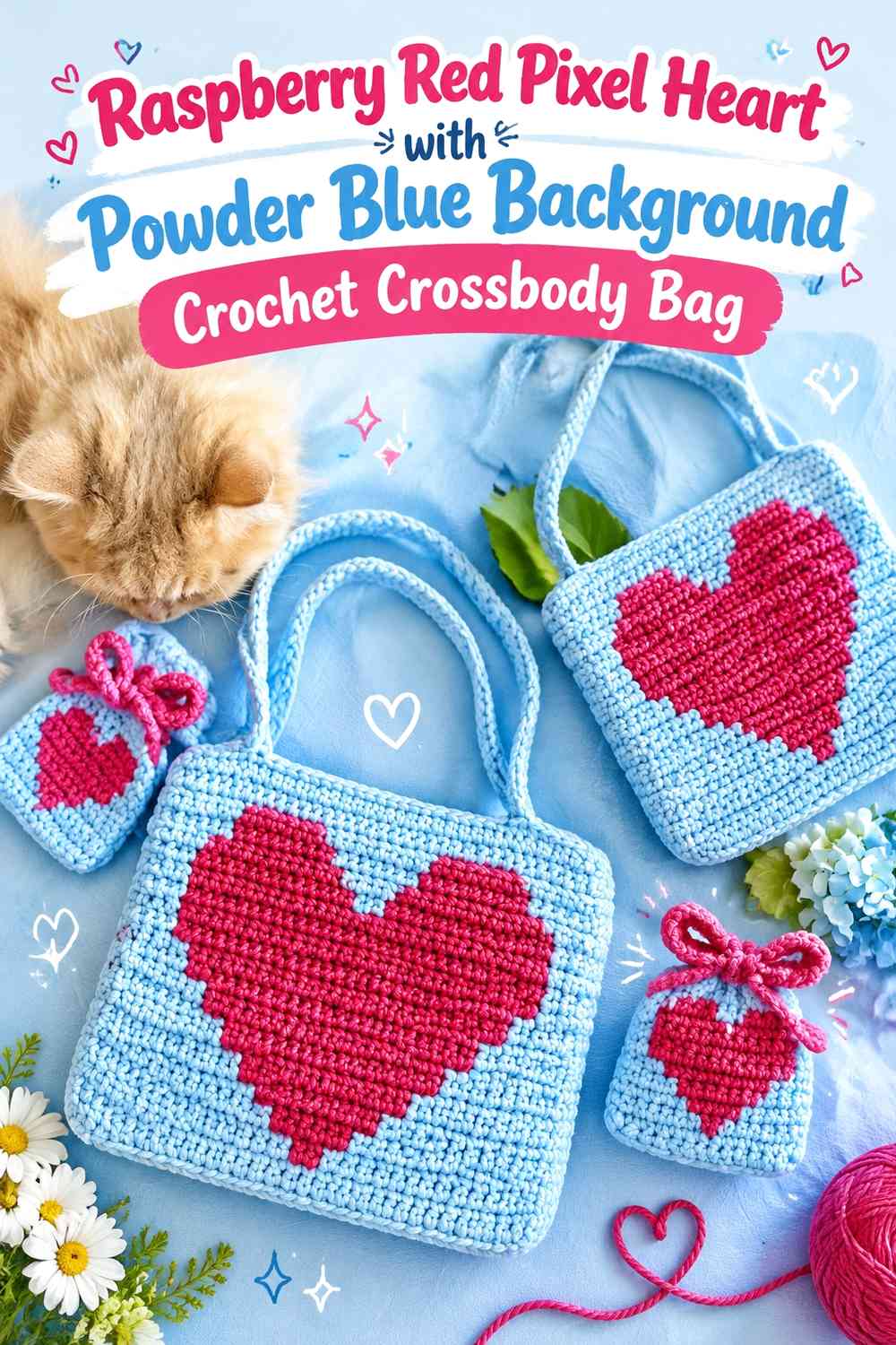 Raspberry Red Pixel Heart with Powder Blue Background Crochet Crossbody Bag