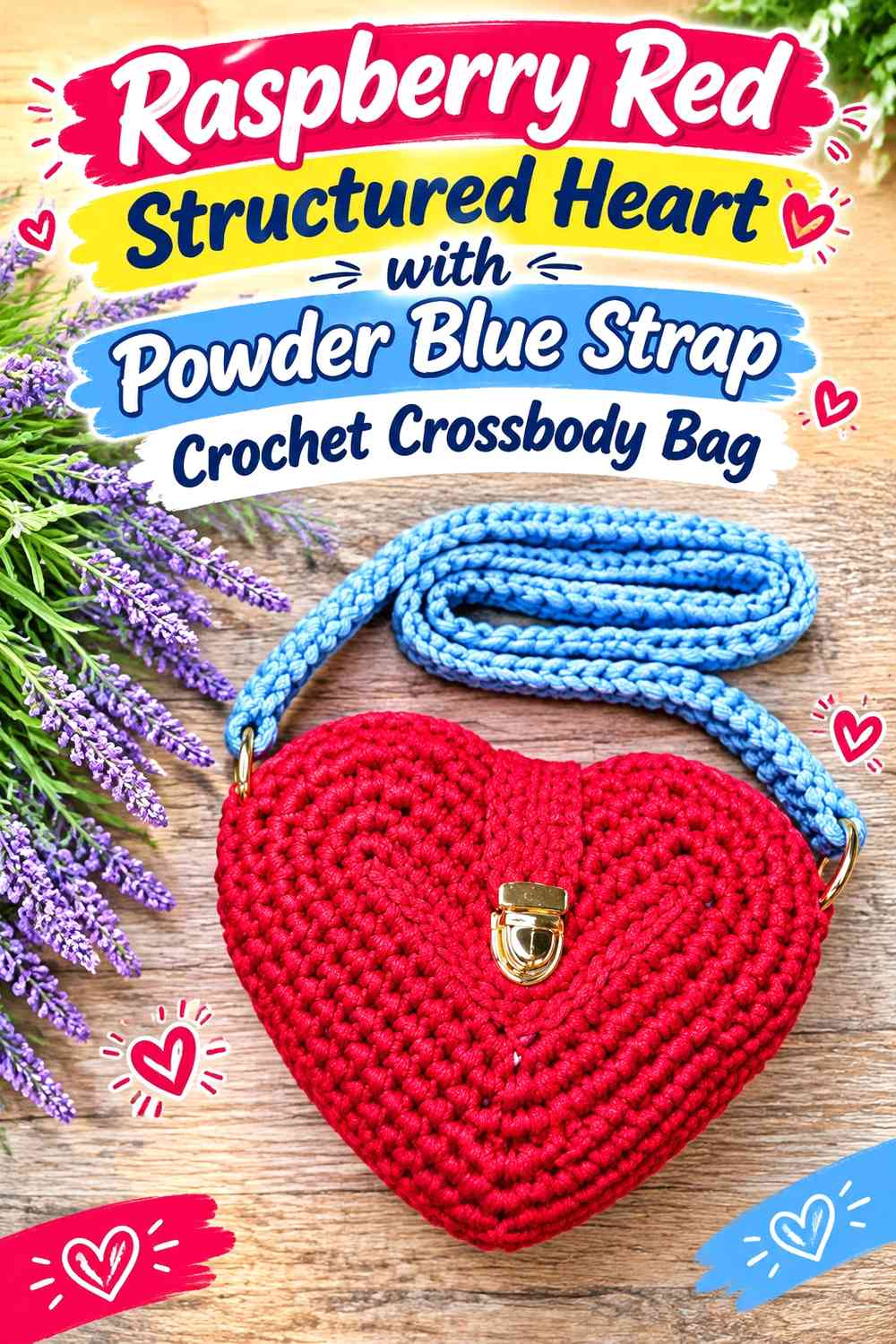 Raspberry Red Structured Heart with Powder Blue Strap Crochet Crossbody Bag