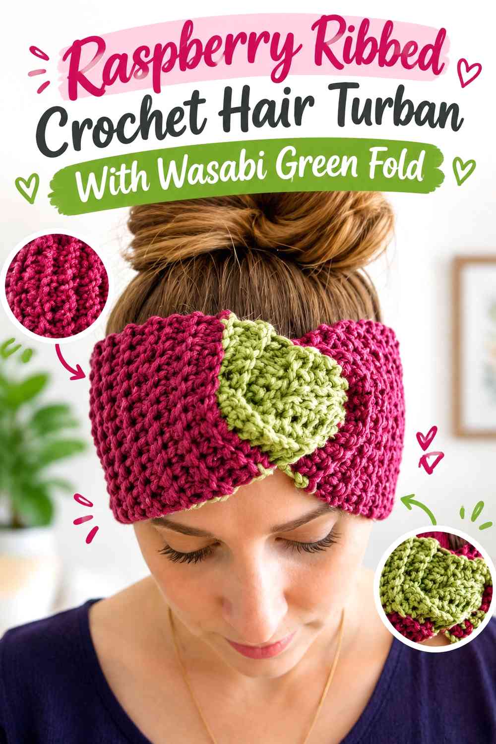 Raspberry Ribbed Crochet Hair Turban With Wasabi Green Fold