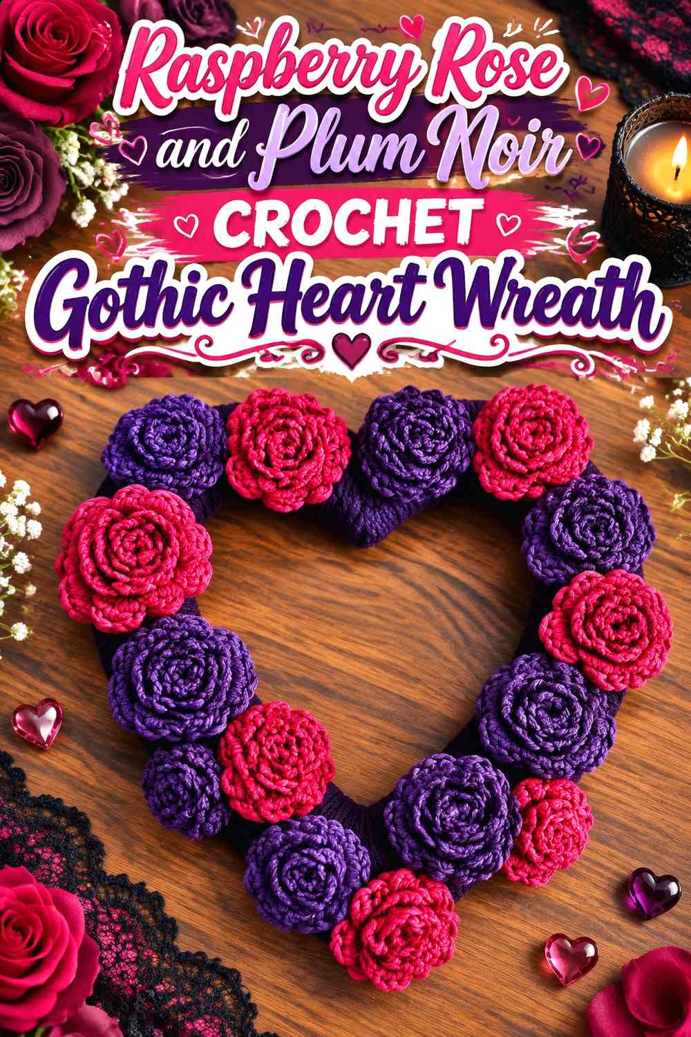 Raspberry Rose and Plum Noir Crochet Gothic Heart Wreath