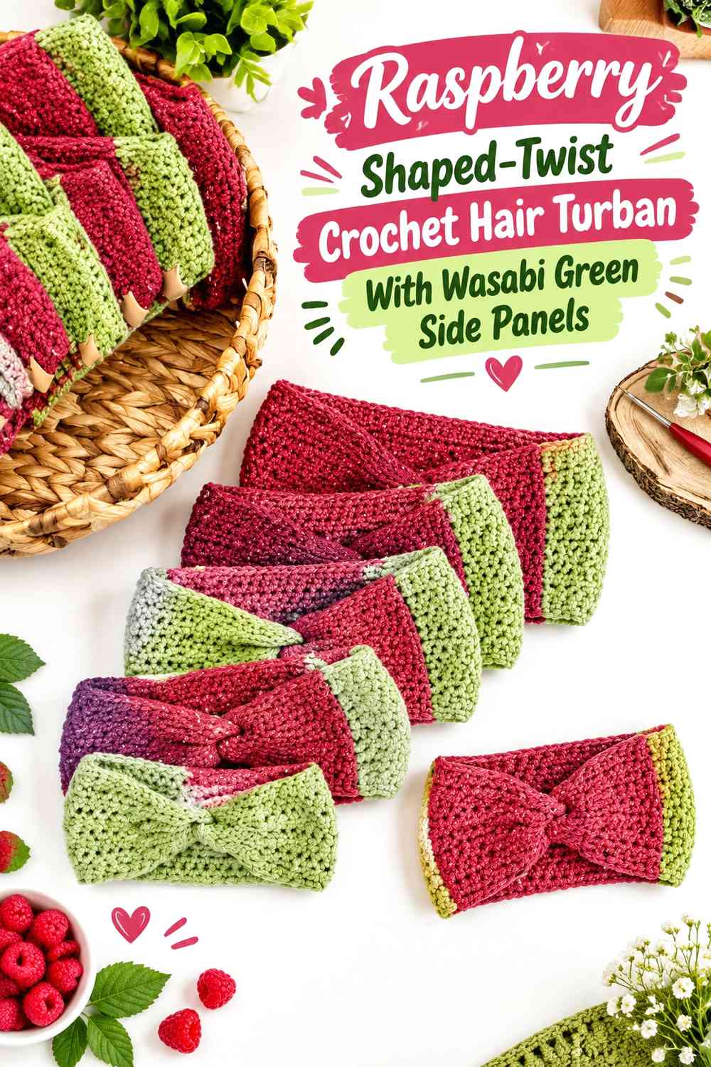 Raspberry Shaped-Twist Crochet Hair Turban With Wasabi Green Side Panels
